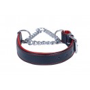 Adjustable PADDED Half check / Martingale Leather Dog Collar - Black with Red Lining. (Stainless Steel Chain)